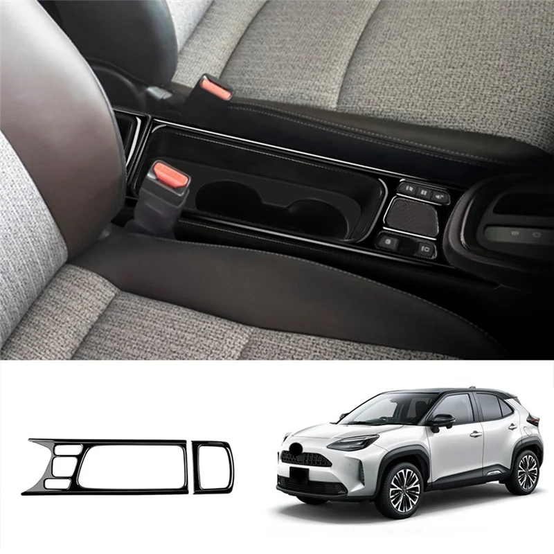 2Pcs Center Console Panel Water Cup Holder Cover Trim Sticker for Toyota Yaris CROSS 2021 2022 2023 RHD Black