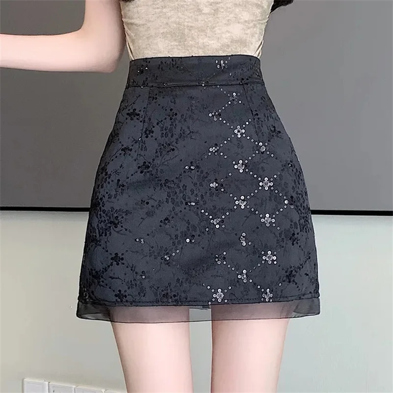 

Sequin patchwork gauze jacquard Skirt New Sweet Slim A-line Skirts, Women's Summer high waisted hip wrapped Short Skirt 2024