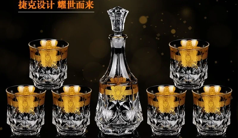 كريستال، زجاج، كأس نبيذ، مجموعة، ورق زهور ذهبي، ويسكي، فاخر خفيف، مجموعة نبيذ