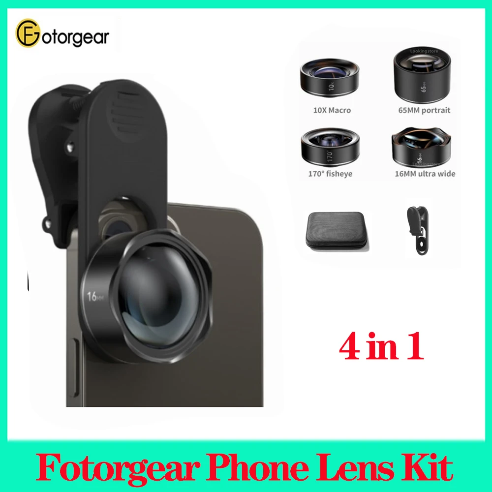 

Fotorgear Lens Kit For Smartphone 16mm 10X Ultra Wide Macro Lens 65mm Portrait Lens Fish Eye Camera Kits with Clip