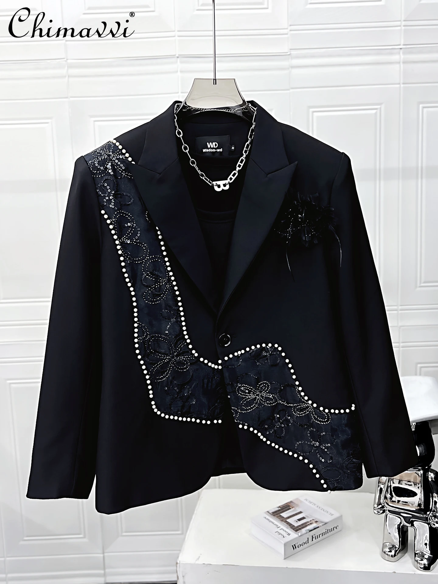 

High-end Fashion Heavy Beading Embroidery Blazer Men 2025 Autumn Korean Fashion Loose Handsome Long Sleeve Padded Shoulder Suit