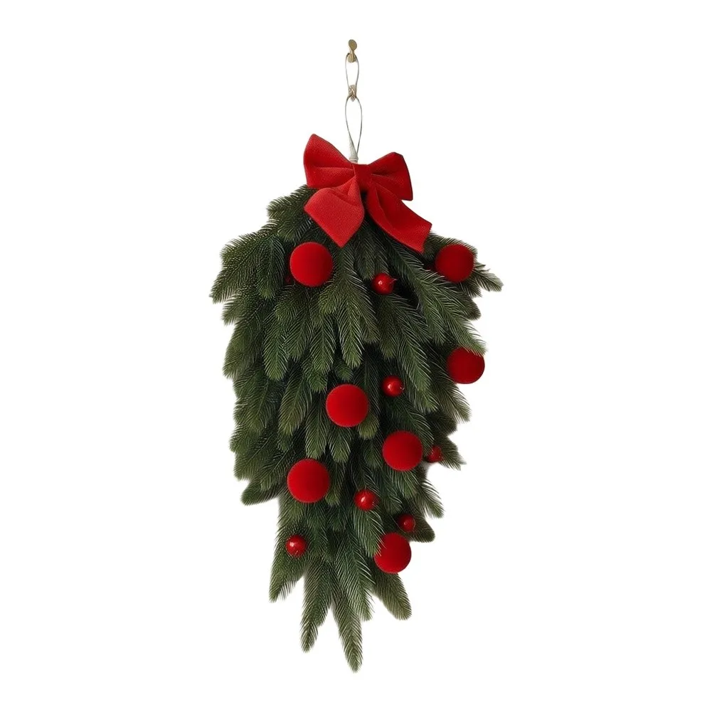 Teardrop Garland with Norfolk Pine Texture and Festive Ball Embellishments for Holiday Door Mantel Wall and Porch Styling