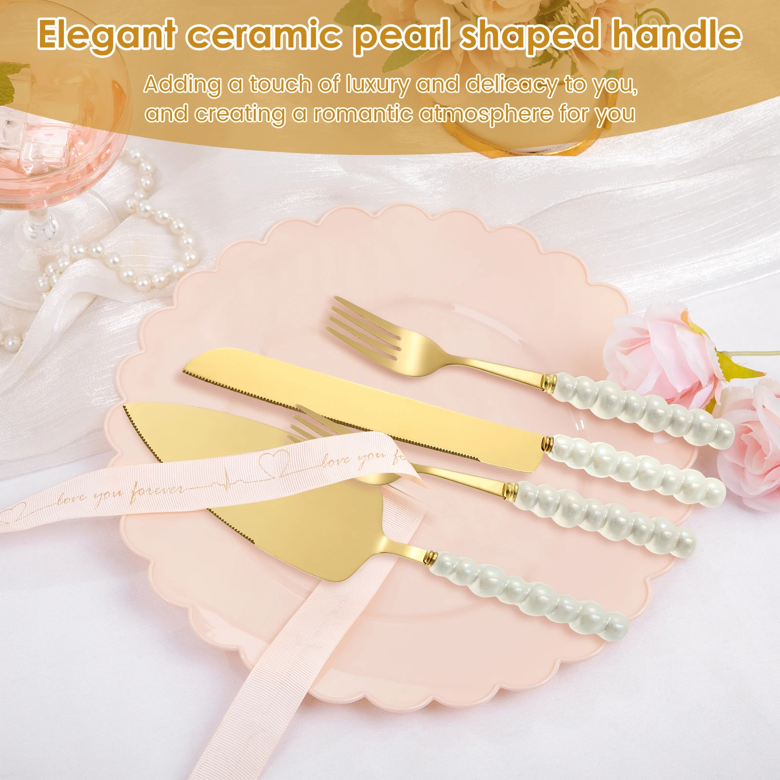 Stainless Steel Cake Knife Server Set Wedding Party Cake Decor Flatware Banquet Dessert Cutter Server Utensils with Pearl Handle