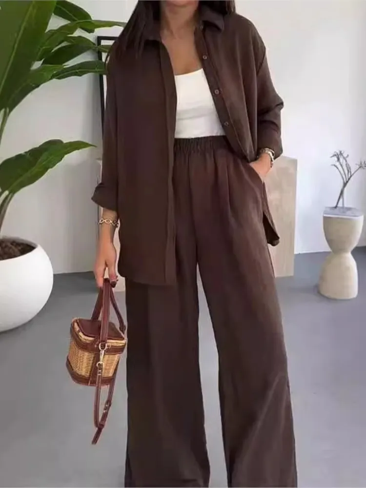 2026 Herbst Einfarbiges Pendler-Zweiteiler-Set für Damen: Langarmhemd & Weite Hose – Schickes, sexy Freizeit-Outfit mit Revers und Knöpfen