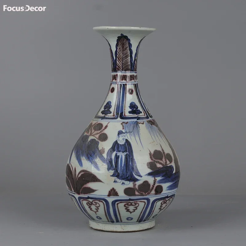 Blaue und weiße Blumenvase, rotes Figurenmuster, leuchtende Porzellan-Keramikvase, Olivenflasche, antikes Porzellan