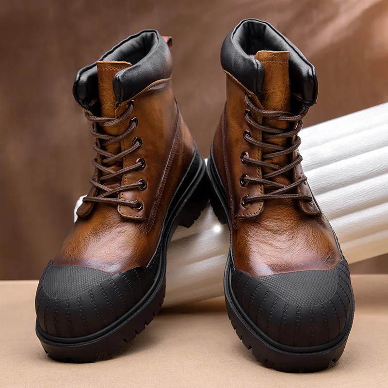 

High Quality Outdoor Work Boots Retro Short Motorcycle Boots Man Thick-soled Big-headed Lace-up Men Chelsea Boots