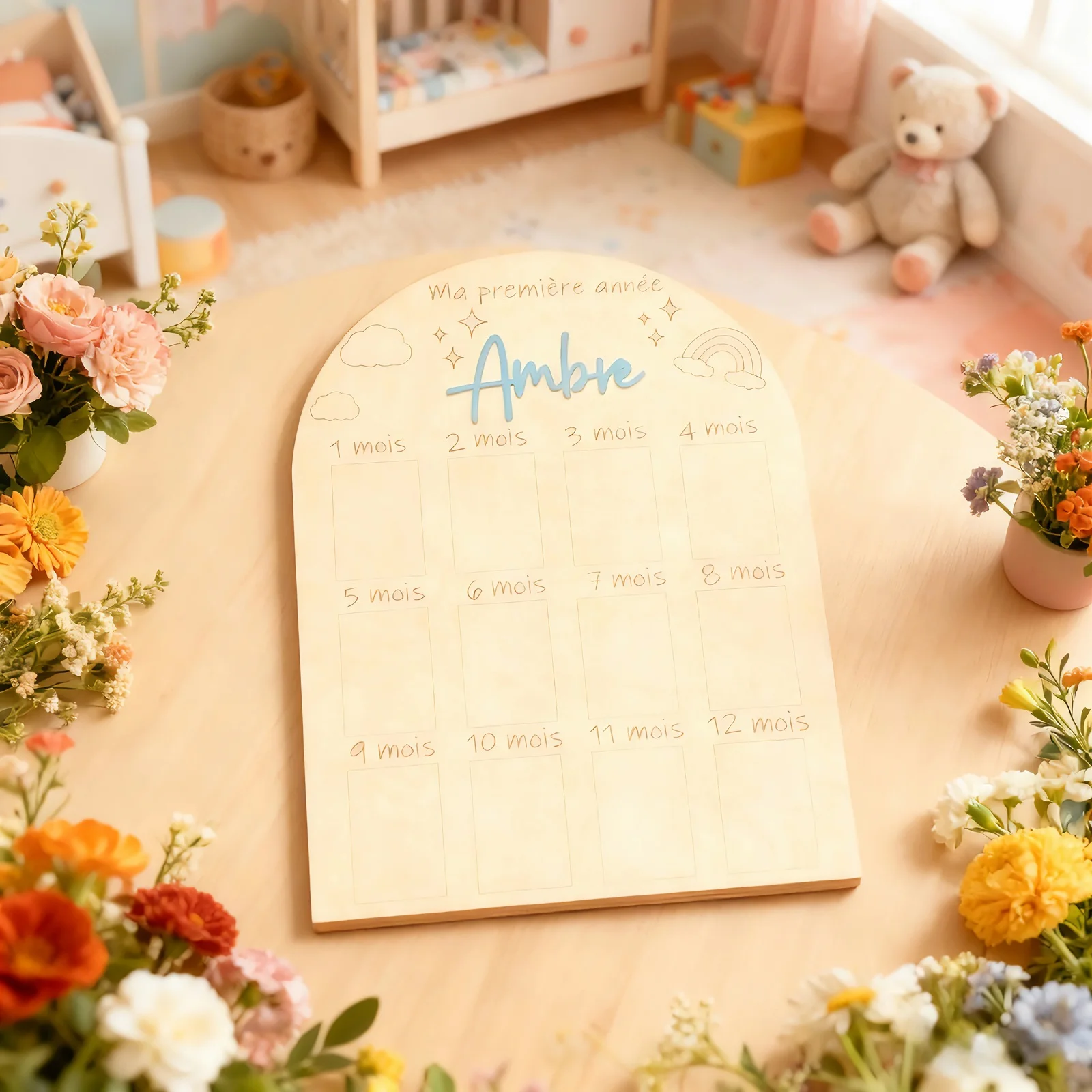French Baby Milestone Board - Personalized "Ma Première Année" Wooden Photo Frame, Rainbow Cloud Design, 42.3x30cm