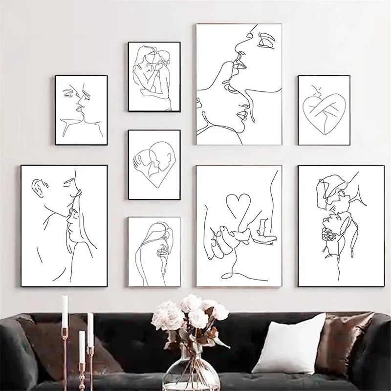 Dibujo de pareja besándose en blanco y negro, impresiones en lienzo, pintura artística de corazón, póster de manos entrelazadas, imágenes minimalistas, decoración del hogar