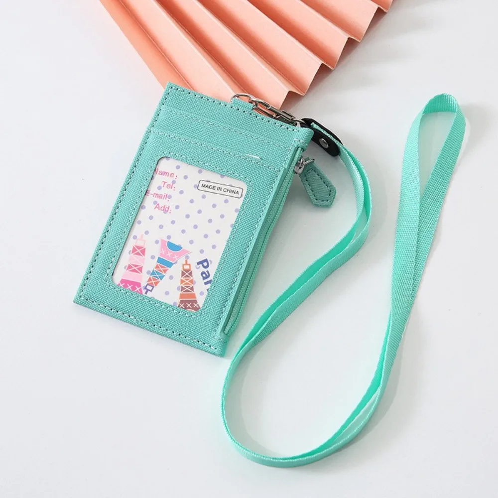 PU Leather Card Badge Holder Neck Lanyard Zipper Pocket Student Card Bag Wallet Work Business ID Card Holder Office Supplies