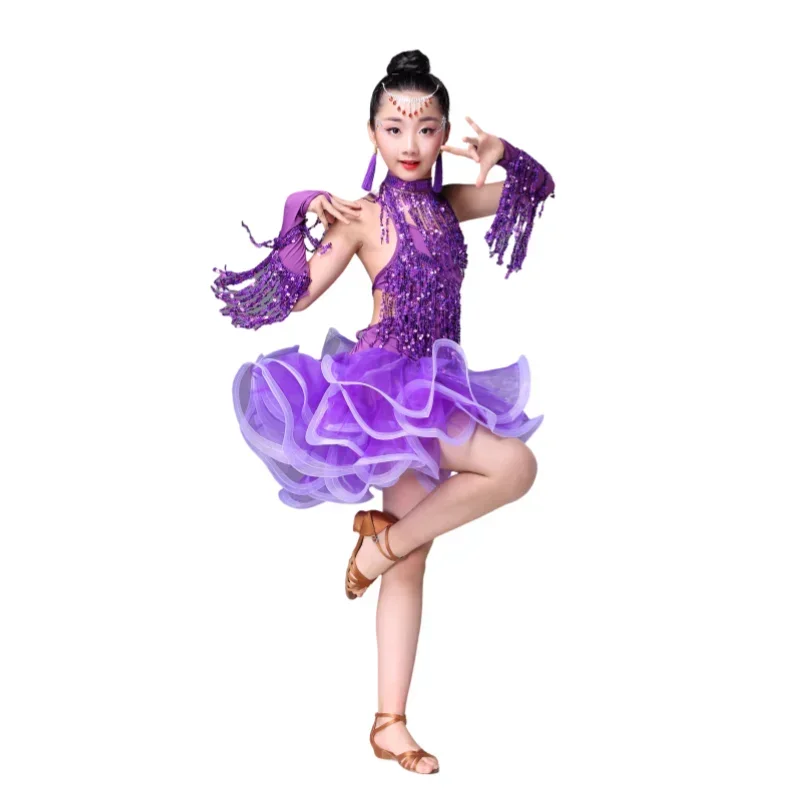 Costume de danse latine pour enfants, robe à franges de danse Sasha pour filles, Costume de compétition de spectacle à paillettes pour jupe latine