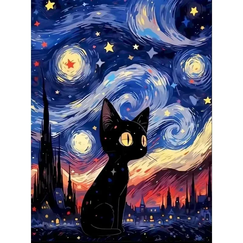 

Large Size oil Painting By Numbers Cat under the starry sky Pictures By Numbers on Canvas Room Decoration DIY Digital Paint
