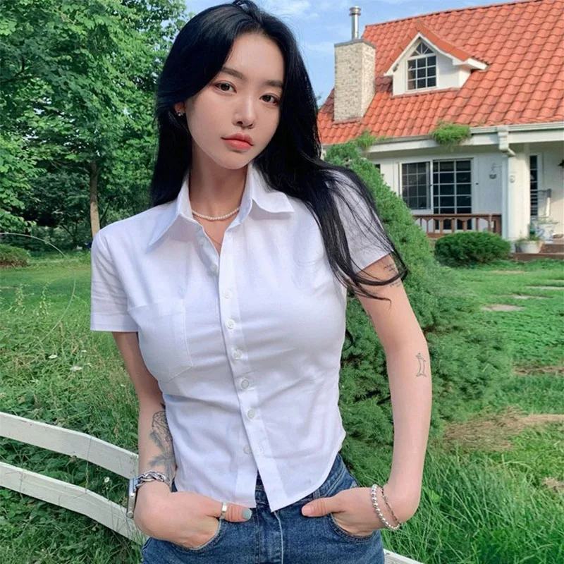 

1pcs Woman Summer Slim Fit Blouses Shirts Lady Thin Sexy Short Shirt Female Casual Short Sleeve Turn-down Collar Waist up Tops