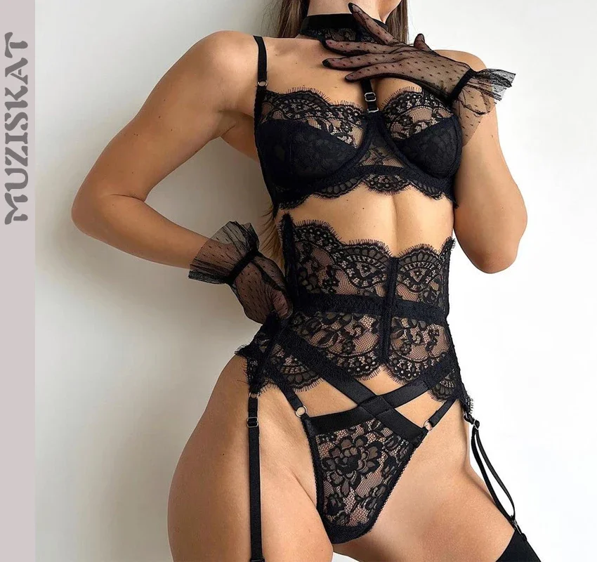 

MUZISKAT 2024 New Lace Splicing Body Shaping Erotic Suit See-Through Neck Sexy Lingerie Four-Piece Set