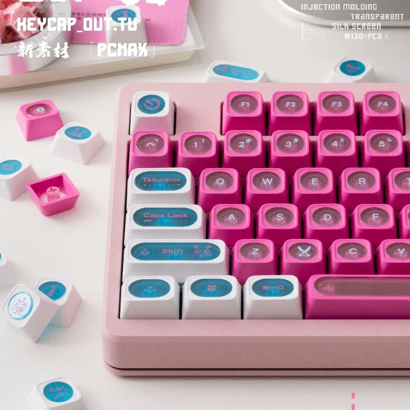 Out Rabbit Theme Keycaps Set PBT PC Transparent Pink Keyboard Caps Cherry Profile Cute Key Cap for Mechanical Keyboard Accessory