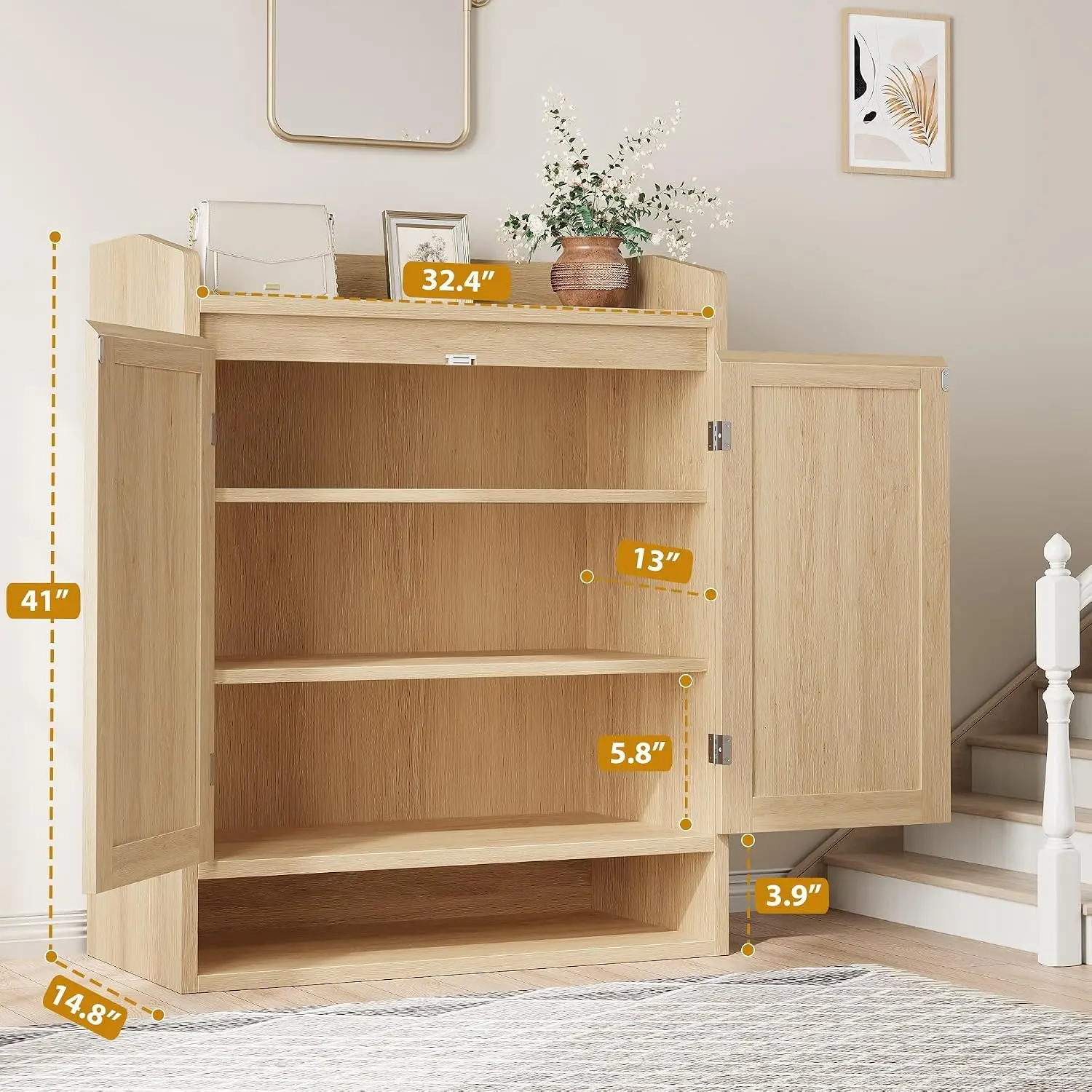 Boho Rattan Shoe Cabinet Adjustable Shelves Enclosed Wooden Storage Organizer Hallway Furniture Natural Wood, Customized