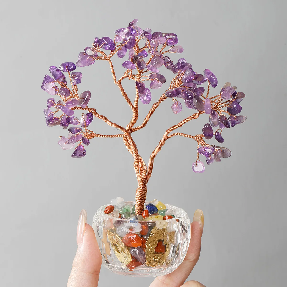 Natural Crystal Chip Stone Lucky Wealth Tree Bowl Shape Copper Wire Wrapped Feng Shui Trees Reiki Healing Tabletop Ornaments