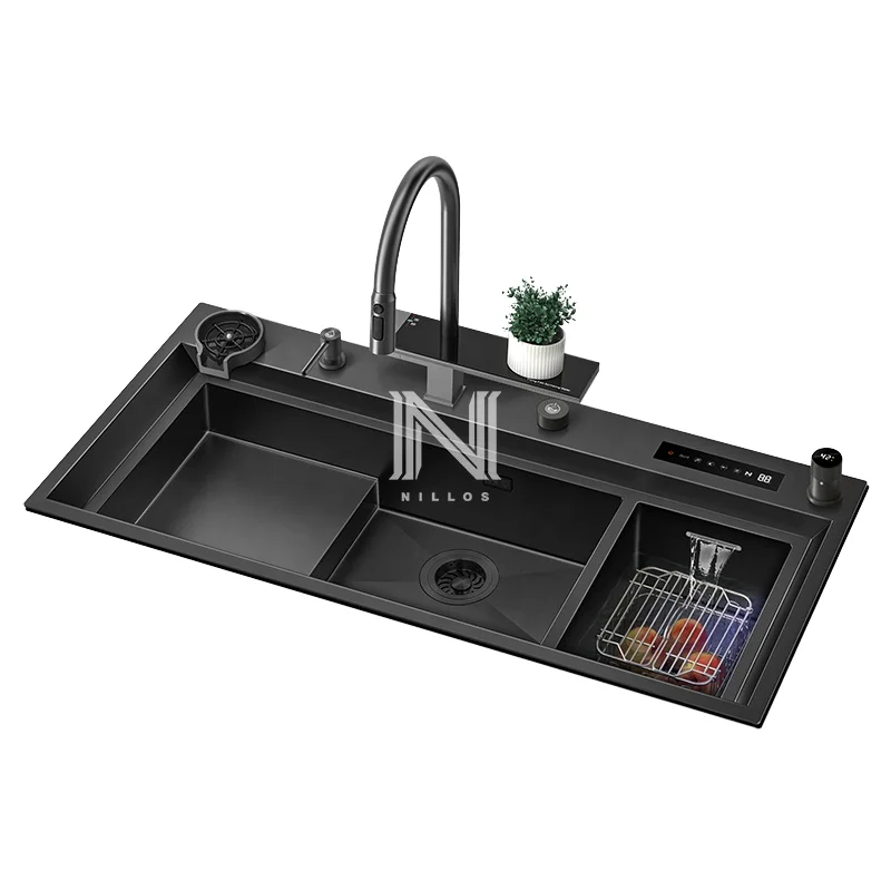 Handmade Farmhouse Kitchen Sink Three Hole Double Bowl 304 Brushed Stainless Steel Faucet Hidden Catalyst Nano Surface Treatment