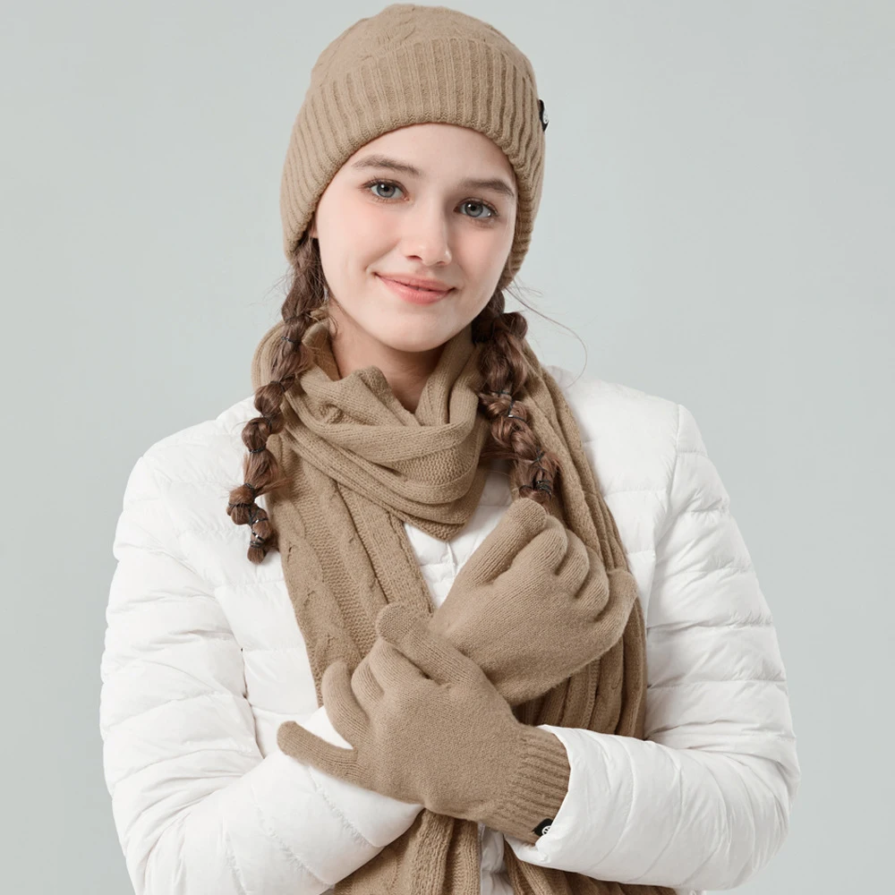 Зимняя шапка-бини, перчатки, комплект длинных шарфов, утолщенные вязаные шапочки, шарфы, комплект для женщин, желтый, красный, бежевый, оранжевый, Fushia