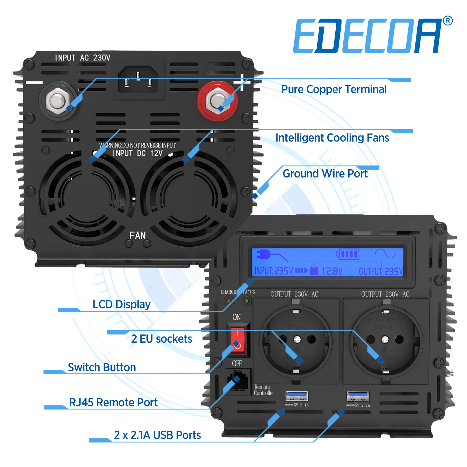 Imagem -03 - Ups e Carregador Inversor 2500w dc 12v para ac 220v 230v Conversor de Onda Senoidal Pura 2.5kw para Sistema Solar de Carro em Casa