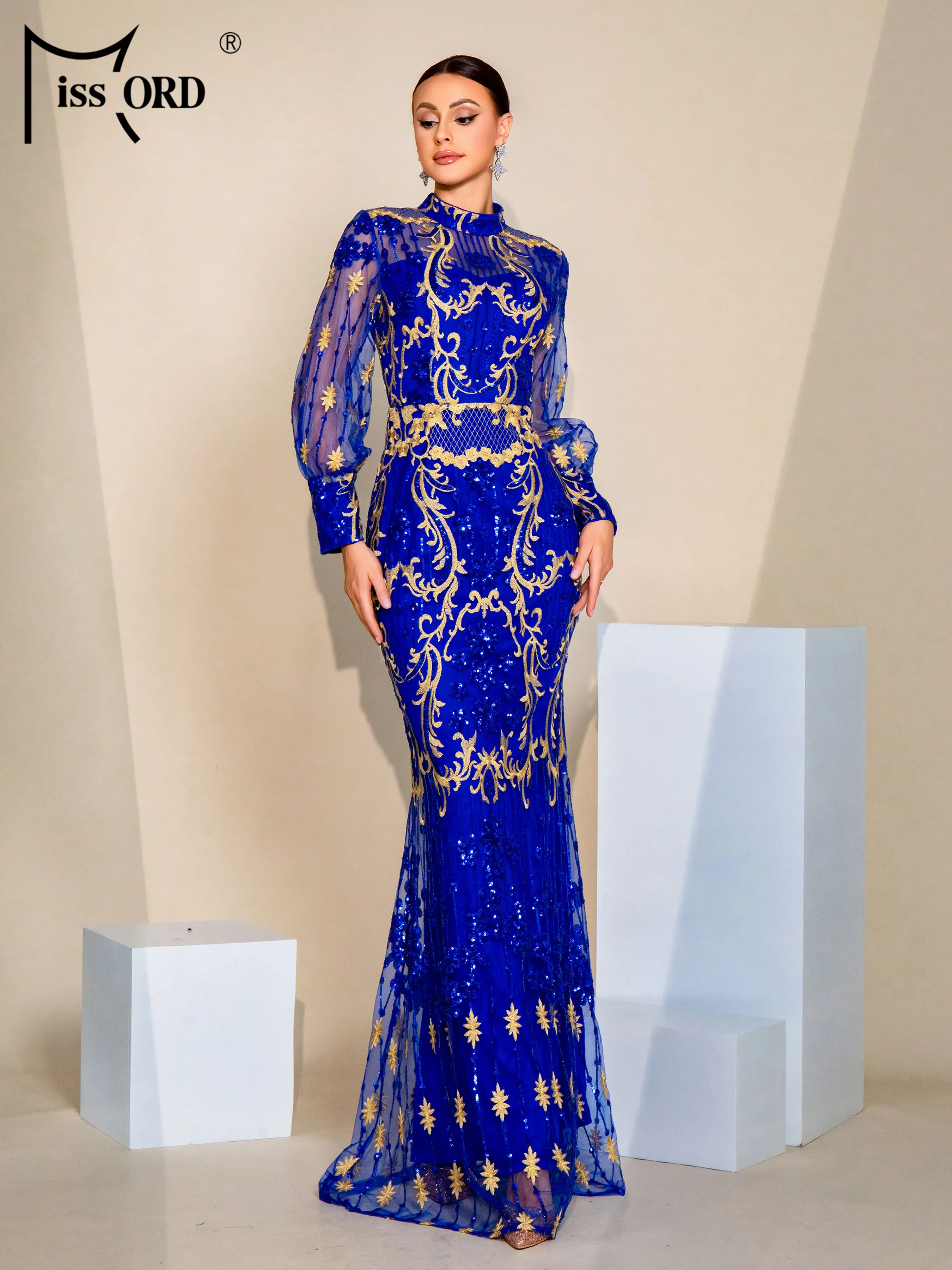 Missord New Round Neck Blue Lantern Sleeves Sequin Mermaid Evening Ethnic Style Wedding Birthday Party Prom Dress