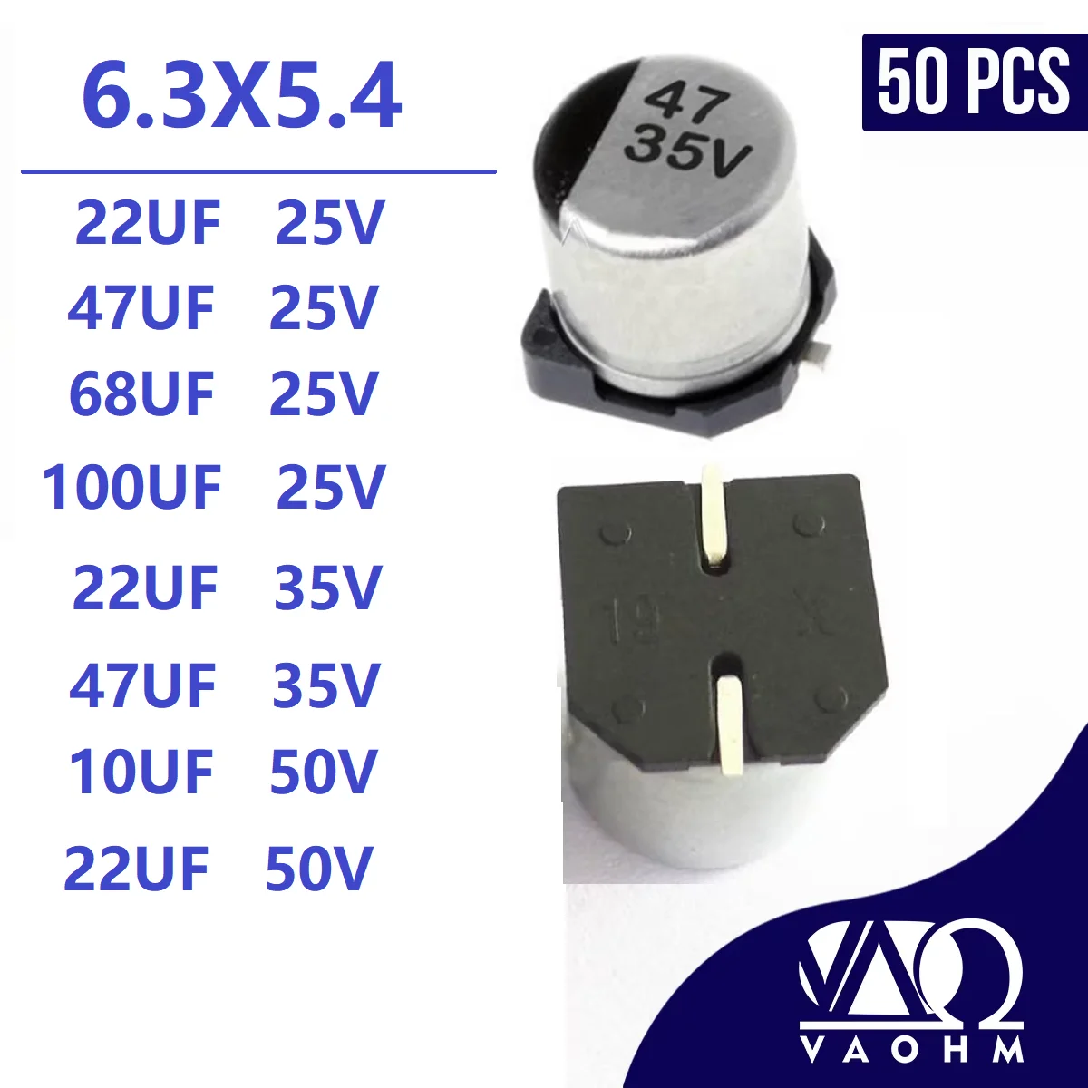 50PCS 10UF 22UF 47UF 68UF 100UF 25V 35V 50V 6.3*5.4 SMD Surface Mount Aluminum Electrolytic Capacitor