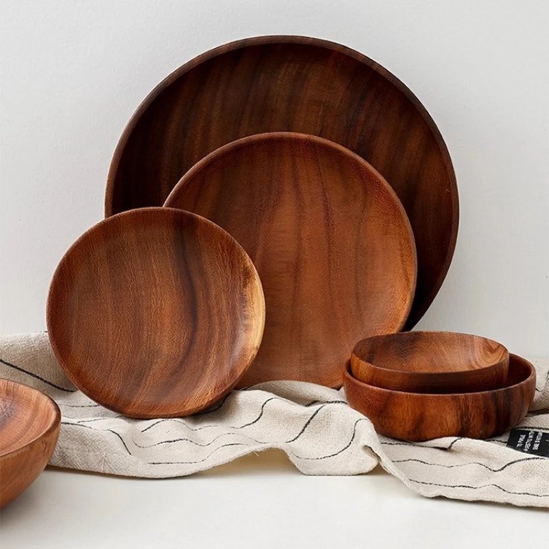 صينية خشب السنط، وعاء وطبق مستدير من الخشب الصلب للاستخدام المنزلي، طبق تقديم الكيك والحلوى، وعاء من الخشب الصلب #6