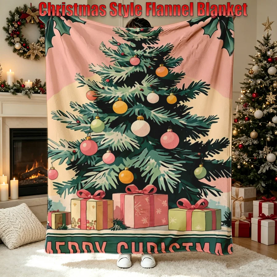 Vintage Illustration Christmas Tree Print Flannel Throw Blanket, Baubles 2D Single-Sided Printed Holiday Blanket