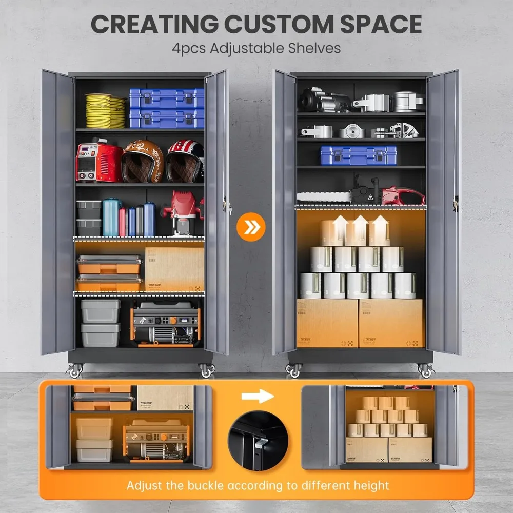 바퀴가 달린 금속 차고 캐비닛, 잠금 장치가 있는 견고한 이동식 보관 캐비닛, 2개의 문과 4개의 선반이 있는 보관 캐비닛