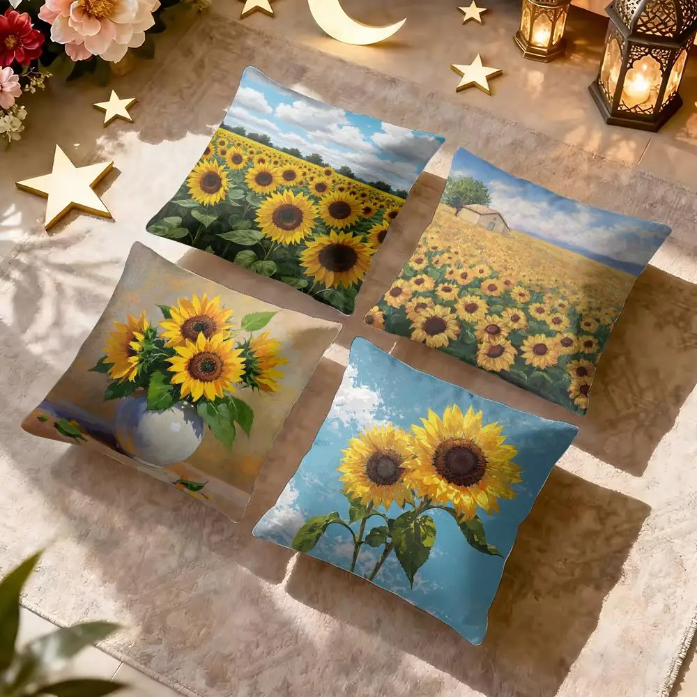 Sunflower Field Yellow Cushion Cover Soft Short Plush Pillow Cover Smooth Cozy Texture Aesthetic Cushion Case Home Decor