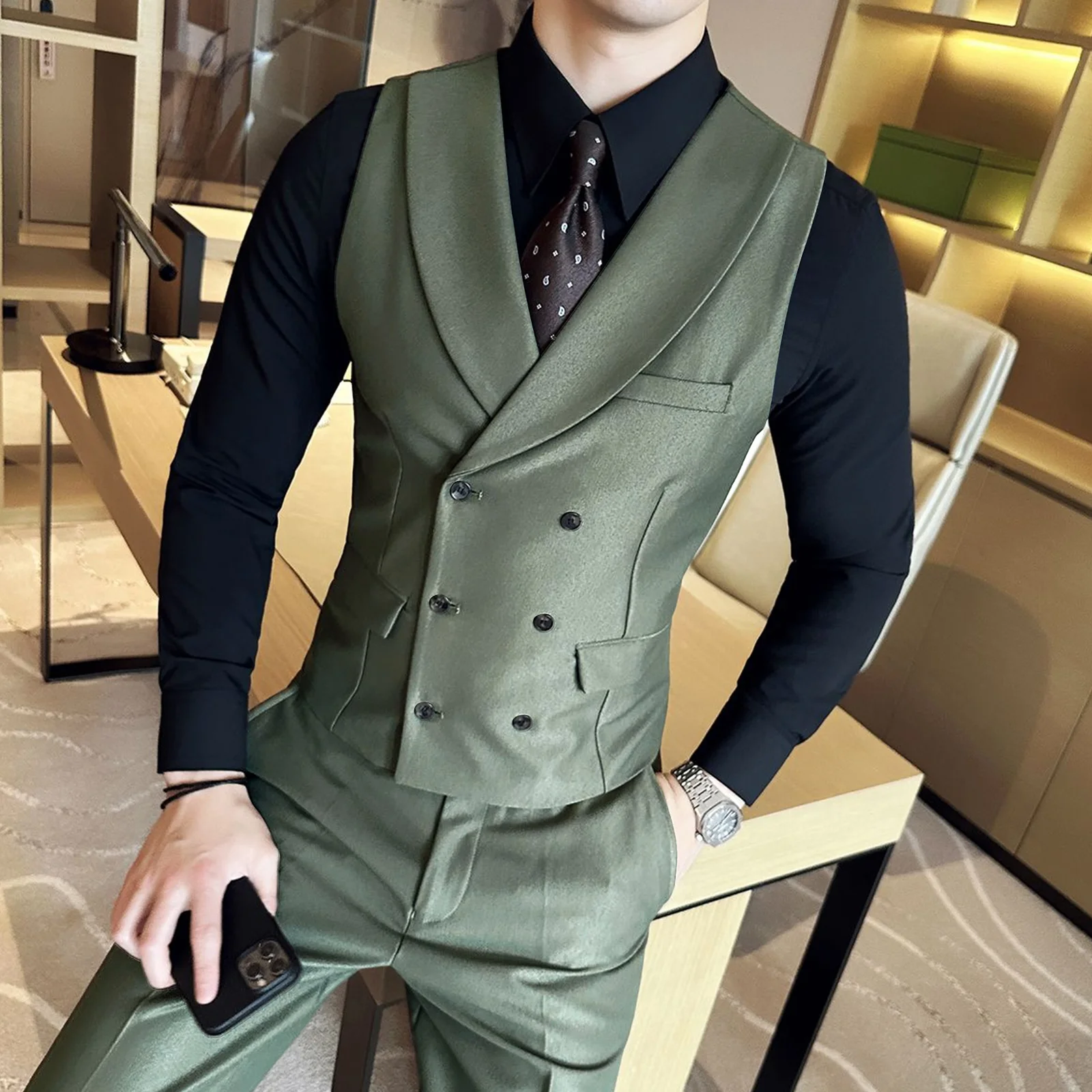 

AnnieBritney Wedding Suit for Men Slim Fit Shawl Lapel Solid Tuxedo Double Breasted Vest and Pants Traje Novio Hombre Masculino