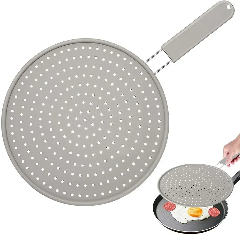 Silicone Splatter Screen with Handle Heat-resisting Oil Splash Guard Drain Board Cover Kitchen Frying Pan Lid Cooking Tools