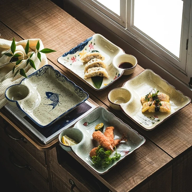 1PC Chinese Style Ceramic Dumpling Plate With Vinegar Dish Retro Tableware Household Japanese Style Serving Plate For Dumplings