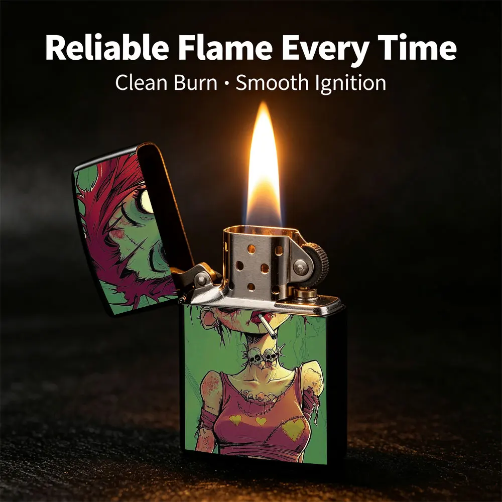 Pocket Lighter, Flip Top Design, Metal Shell, Zombie Girl with Red Hair Smoking Cigarette Print, Windproof Flame, Adjustable Flame, Comfortable Grip, Portable Durable, Cool Personality Gift