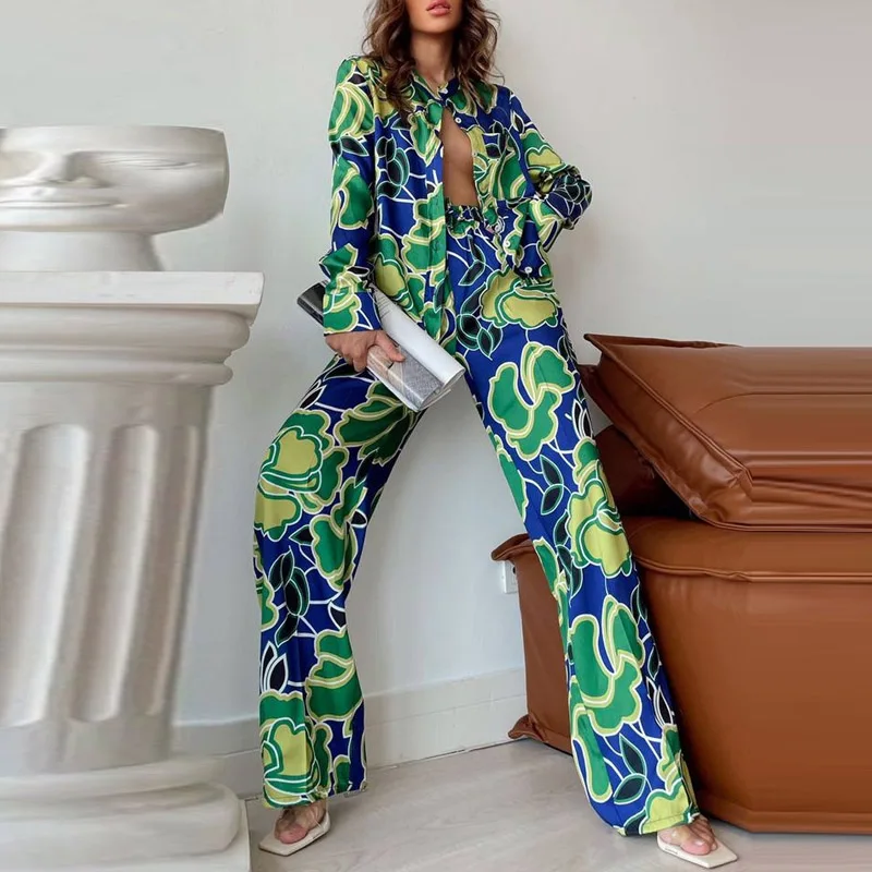 Vintage New Pattern Blouses + Long Pants Suits Elegant Fashion Print Women Outfits 2023 Summer High Street Shirt Two Piece Sets