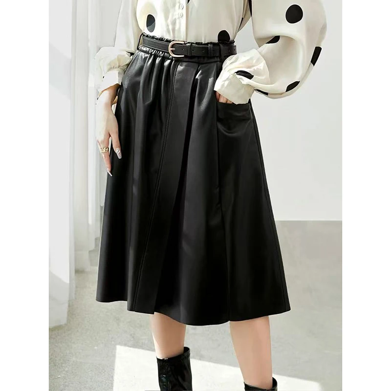 Leather Skirts Ladies Spring Autumn Pleated Elastic Belt Simple High Waist Coffee Sheepskin Umbrella Skirt Faldas Para Mujeres