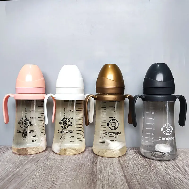 Infant Non-leak Milk Bottle with Accurate Scale PPSU Portable Feeding Bottle Bear Shape Silicone Child Bottle with Straw