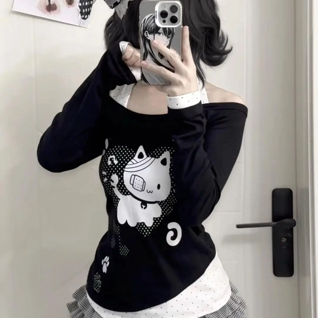 

Korejpaa Japanese Y2k Top Subculture Anime Cat Cute Slim Fit Print Patchwork Fake Two Long Sleeve T Top Hanging Neck Tshirts
