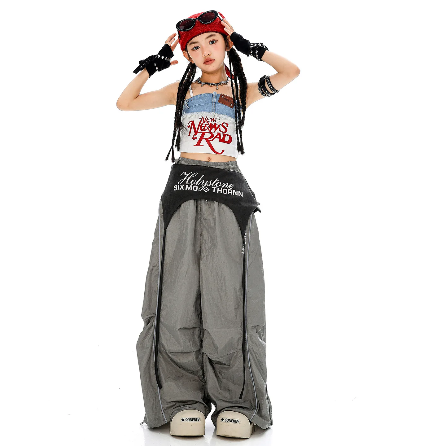 

Kid Kpop Hip Hop Clothing White Denim Lace up Crop Tank Top Gray Casual Wide Leg Parachute Pants for Girl Dance Costumes Clothes