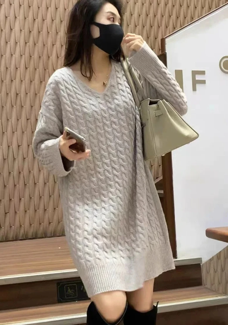 

Women V-Neck Long Sleeve Solid Color Cashmere Dress Loose Luxury Soft