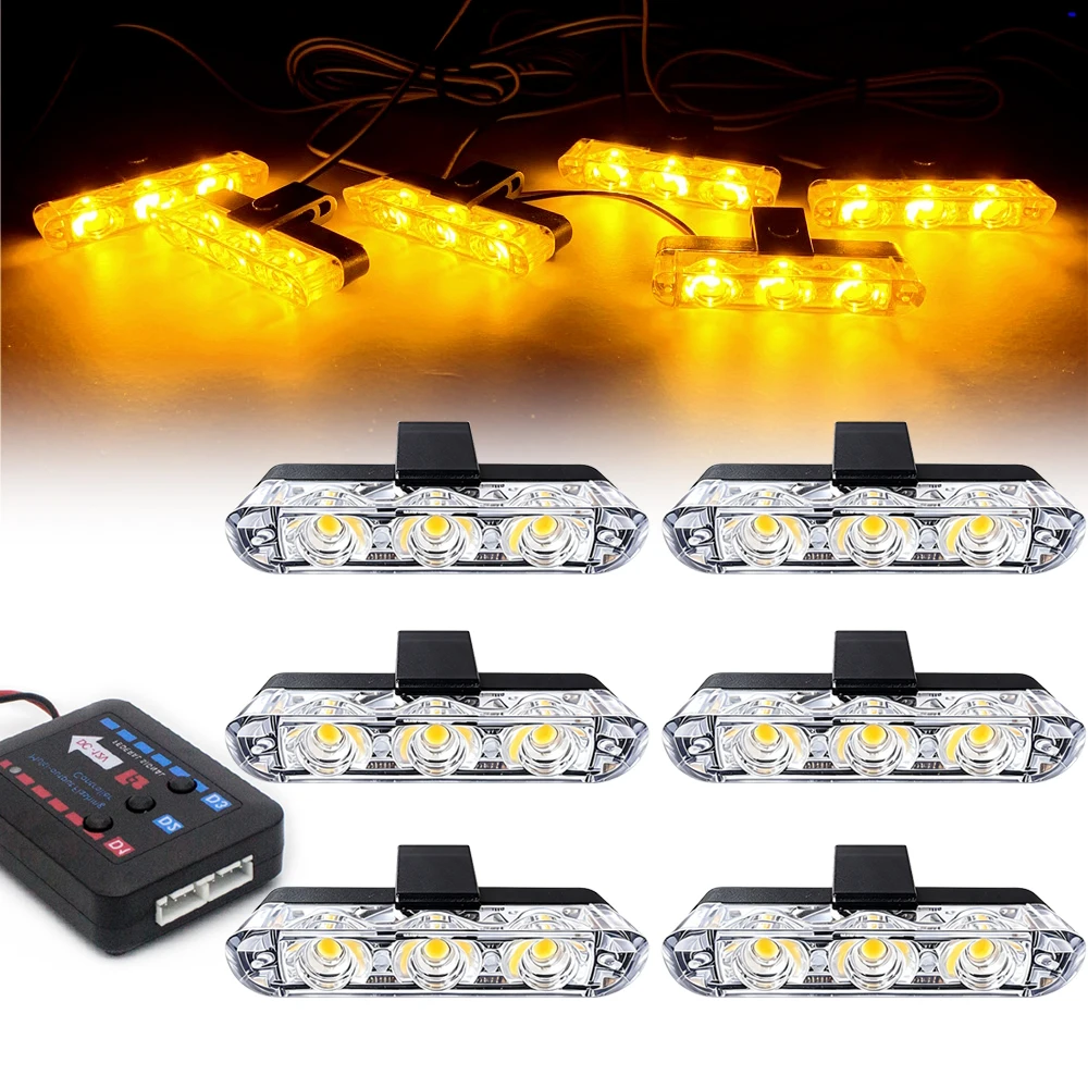 3 LED Car Front Grille Strobe Lights LED Flash Warning Lamp Red Blue Yellow White Vehicle Emergency Flasher Signal Lighting 12V