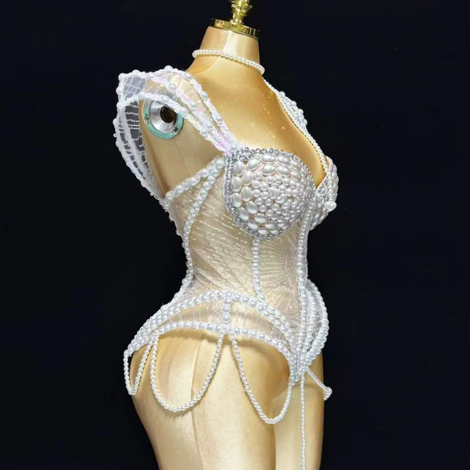 Nouveau GOGO blanc perle spectacle fille scène Sexy femmes discothèque fête anniversaire culture hauts porter chanteur Performance glisser reine Costumes