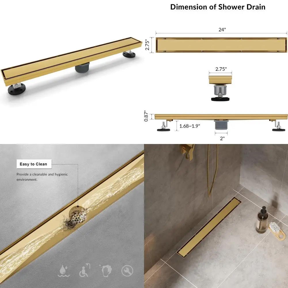 Scarico per doccia lineare da 24 pollici in acciaio inossidabile con copertura piatta e per piastrelle color oro champagne, design reversibile per pavimento senza soluzione di continuità