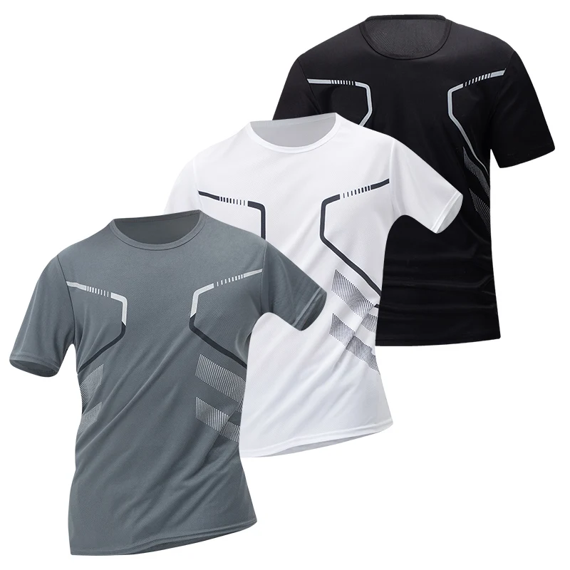 Men's Quick Drying Short-Sleeved Ice Silk Breathable Mesh Fitness T-Shirt with Functional Geometric Printing Running Sports Top