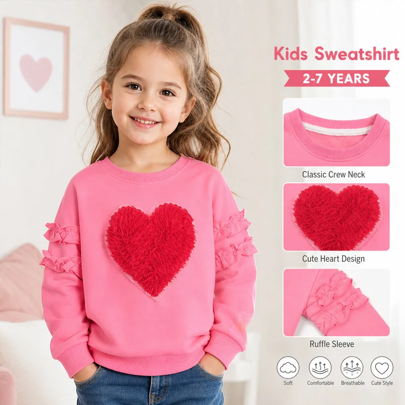 Little Hand Toddler Girls Valentines Sweatshirts 3D Fluffy Red Heart Decor Shirt Long Sleeve Kids Pullover Clothes for 2-7 Years