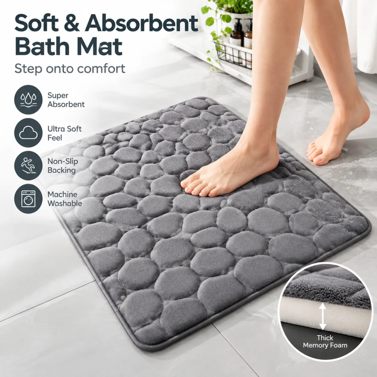3D Non Slip Bathroom Mat Cobblestone Embossed Bath Rug Super Absorbent Quick Dry Machine Washable Floor Carpet For Shower Door