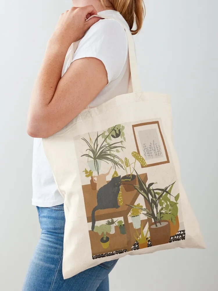 Plant & Cat Love Illustration Tote Bag shopping bag Custom bag woman shopping