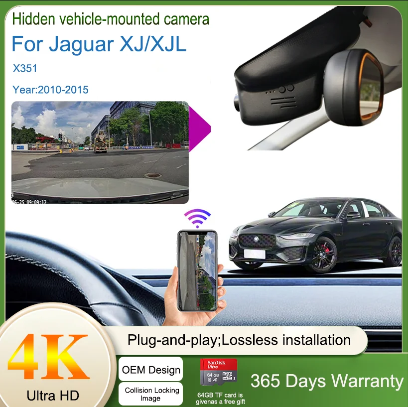 Câmera de vídeo para painel de carro 4K 2160P para Jaguar XJ/XJL/X351 2010-2015, Plug and Play, gravação em loop com armazenamento de 64GB