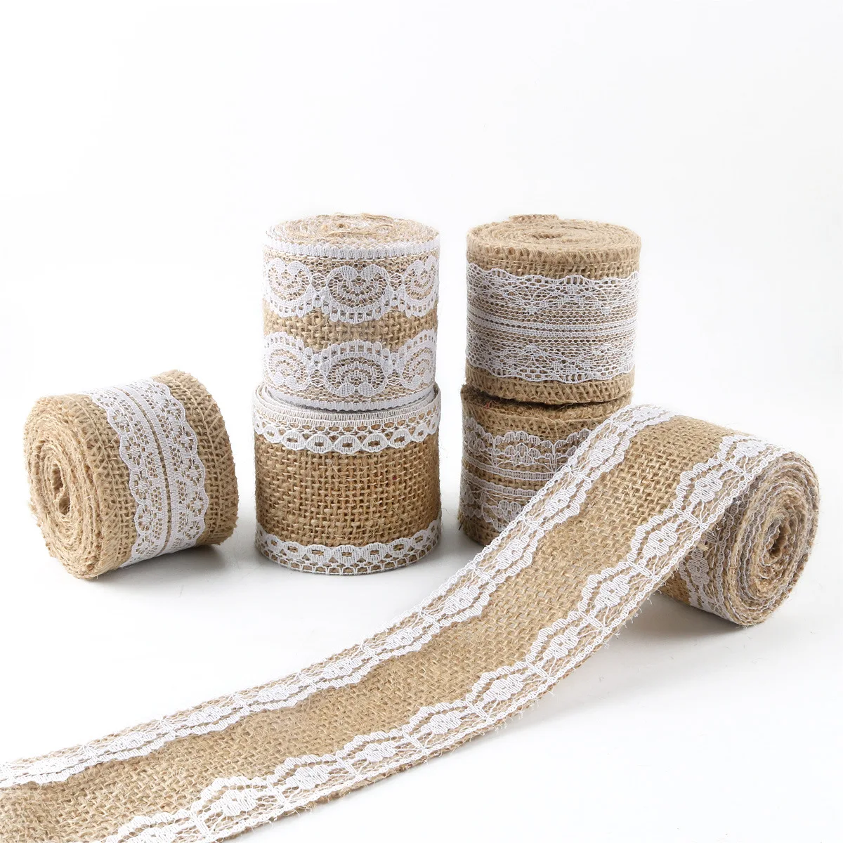 2M/Roll 5CM Natural Jute Burlap Rolls Hessian Ribbon with Lace Vintage Rustic wedding Decor Ornament Party DIY craft Supplies