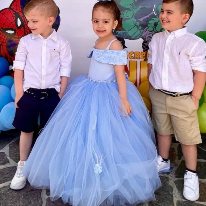 Hellblaue Blumen mädchen kleider Geburtstag Luxus applikationen für Erstkommunion Hochzeit Prinzessin Ballkleid Festzug Kinder Geburtstag