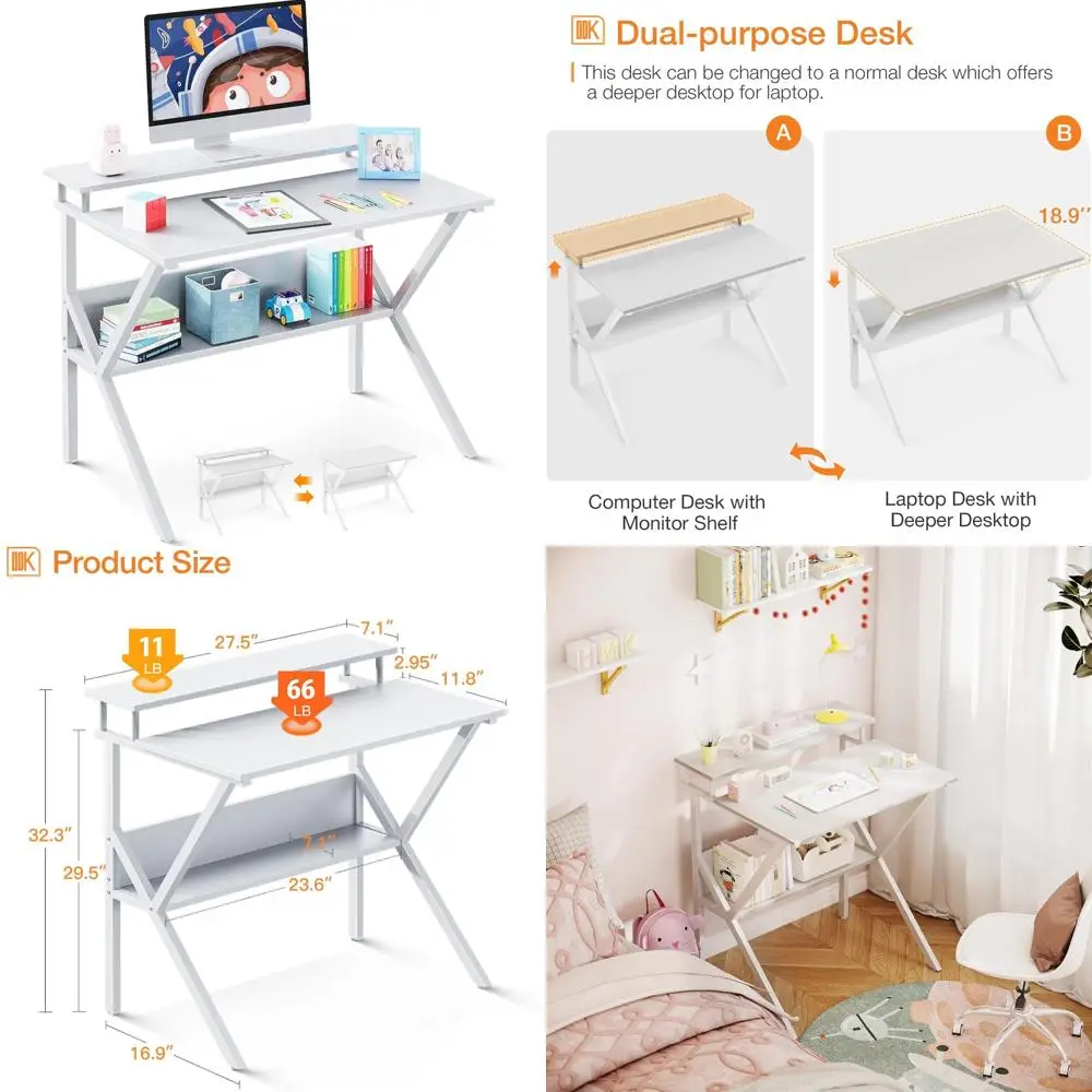 مكتب كمبيوتر مدمج مقاس 27.5 بوصة مع مساحة تخزين للمساحات الصغيرة، مكتب مثالي للمنزل مع رف شاشة وحلول تخزين #1